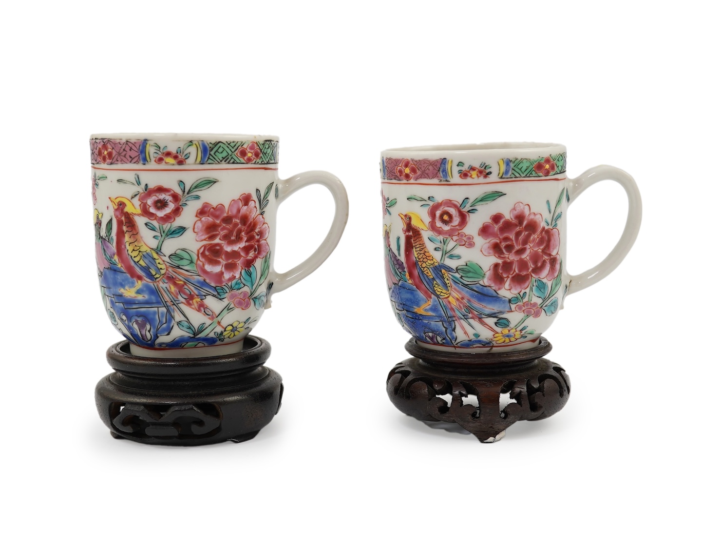 A near pair of Chinese famille rose ‘double pheasant’ coffee cups, early Qianlong period